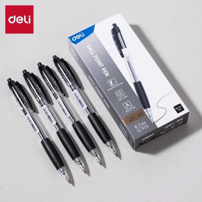 DELI BALLPOINT PEN CLIP BULLET TIP: 0.7MM  BLACK INK (BLACK)  EQ81-BK ( DOS=144LSN)