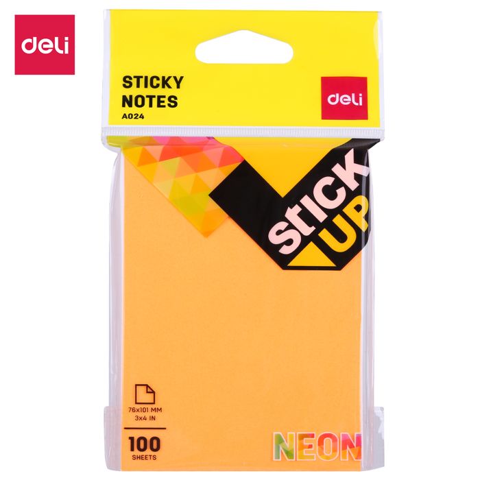 DELI STICKY NOTES OPP 76X101 100SHTS NEON EA02402 (DOS=12LSN)